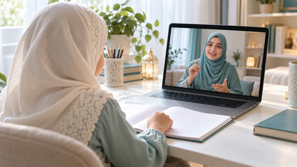 Young girl learning Noorani Qaida online with a female teacher on a laptop