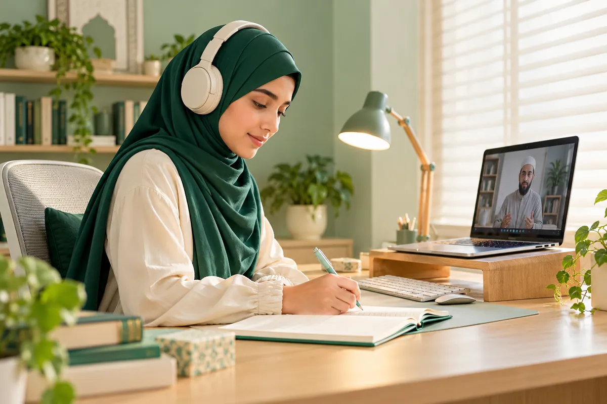 Learner wearing headphones at a bright organised desk with a raised laptop, notebook and reading lamp