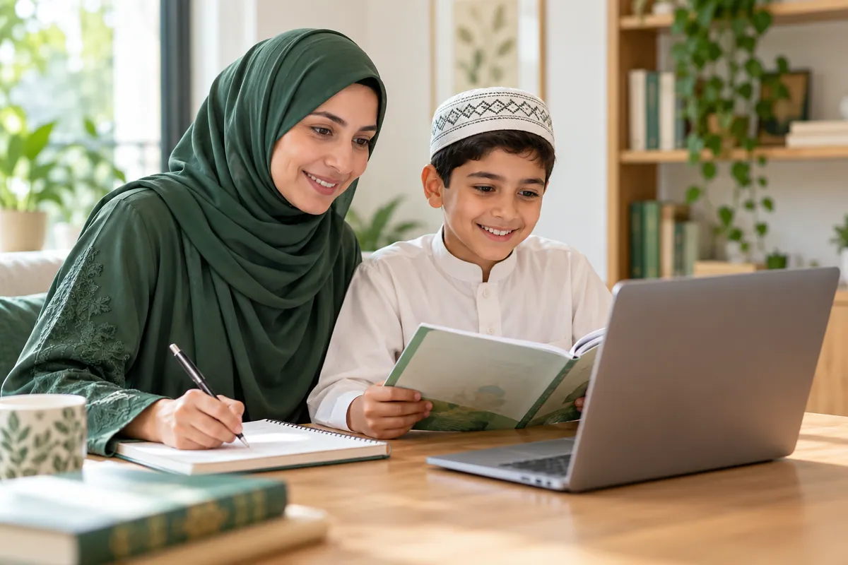 Mother discussing a lesson on a laptop while taking progress notes beside her child