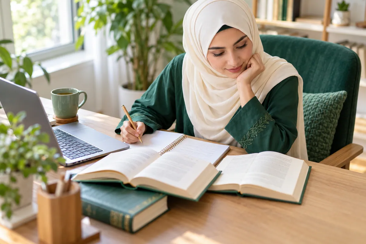 Adult learner reviewing an open reference book and taking notes beside a laptop