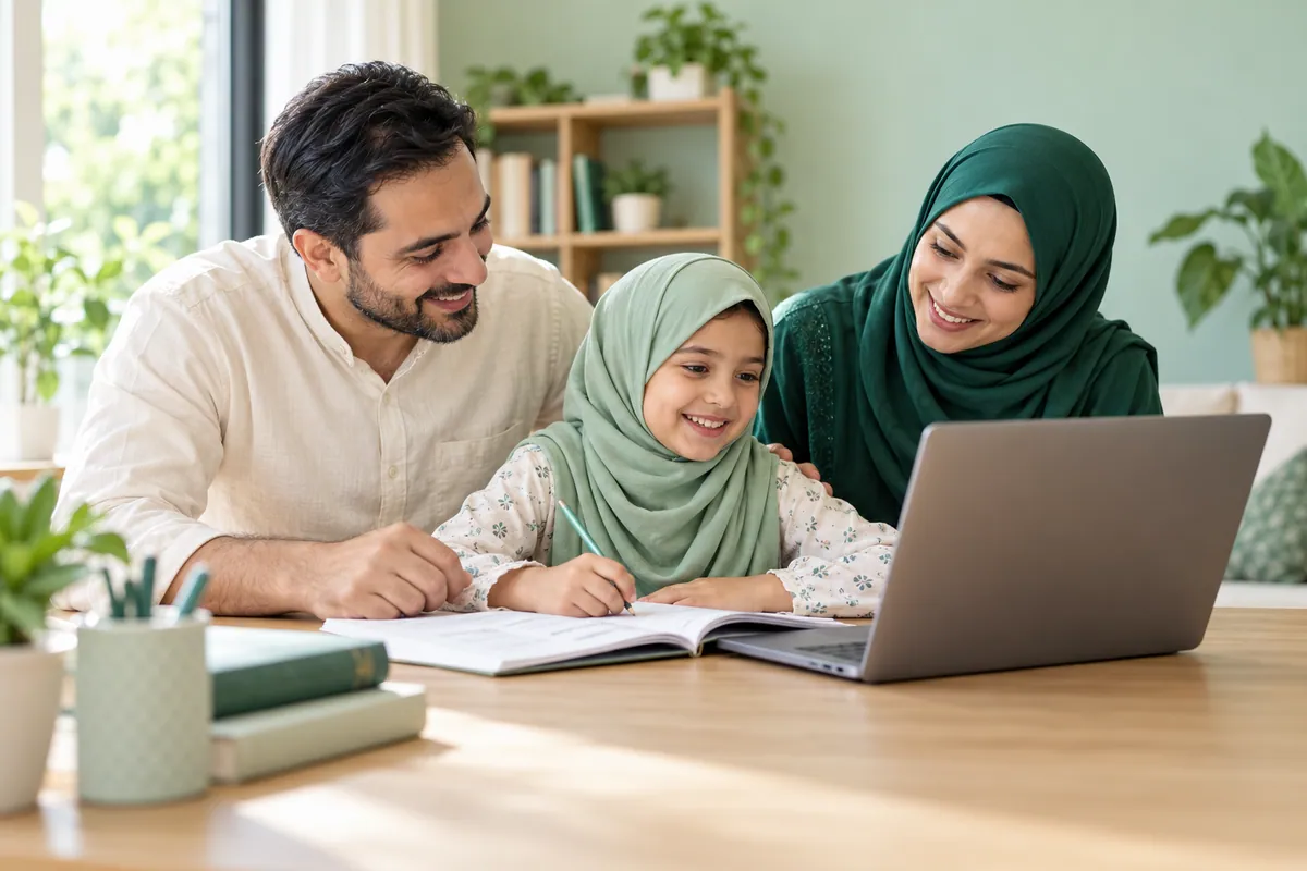 Parents encouraging their daughter during a laptop lesson at a bright home desk