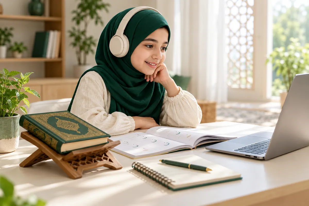Young learner with headphones using a workbook and laptop beside a closed book on a stand