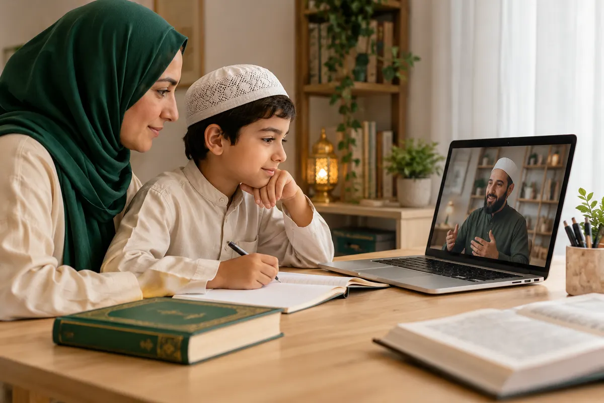 A parent and child discussing an Islamic studies activity during an online teacher conversation