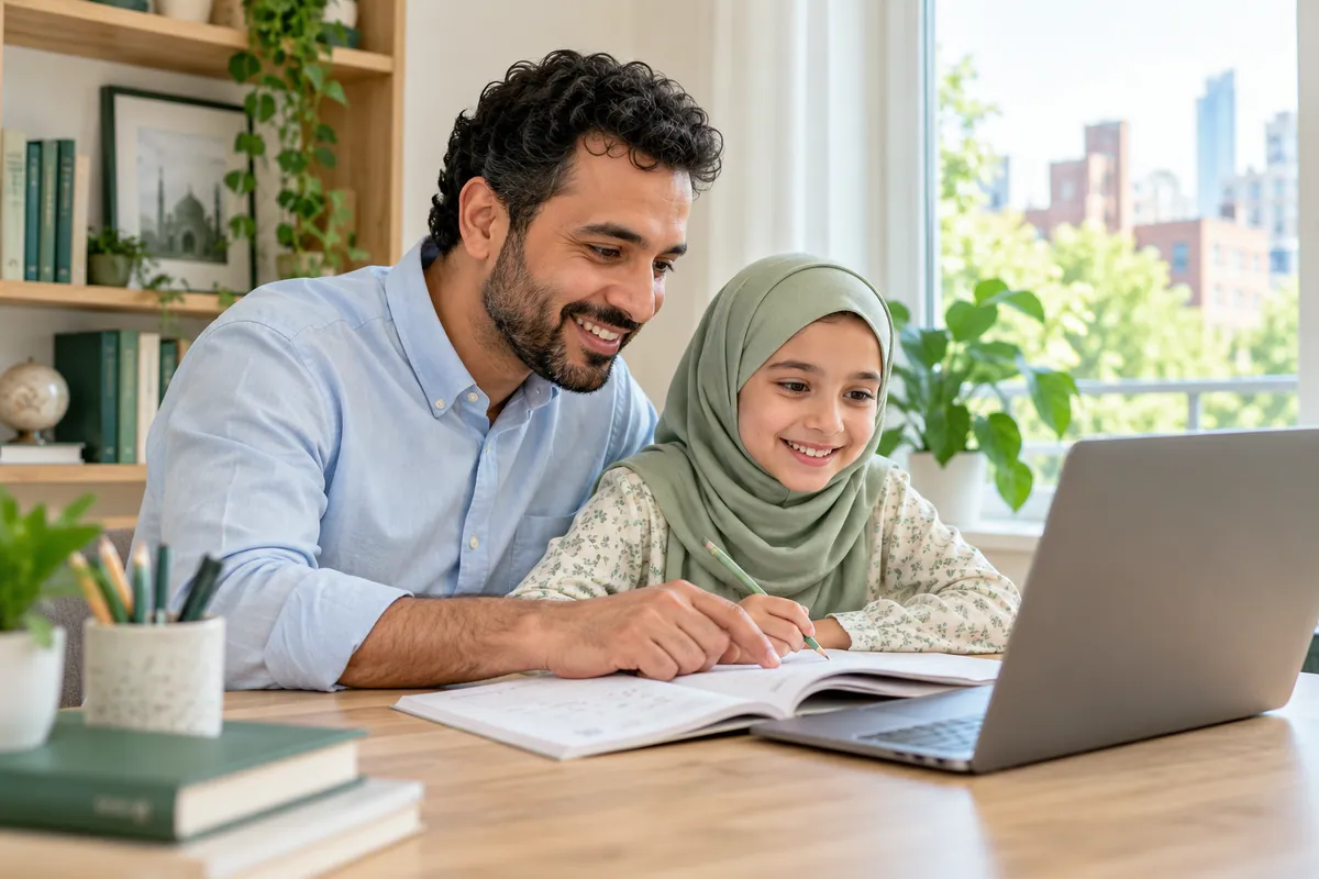 Child and parent reviewing an Arabic workbook beside a laptop